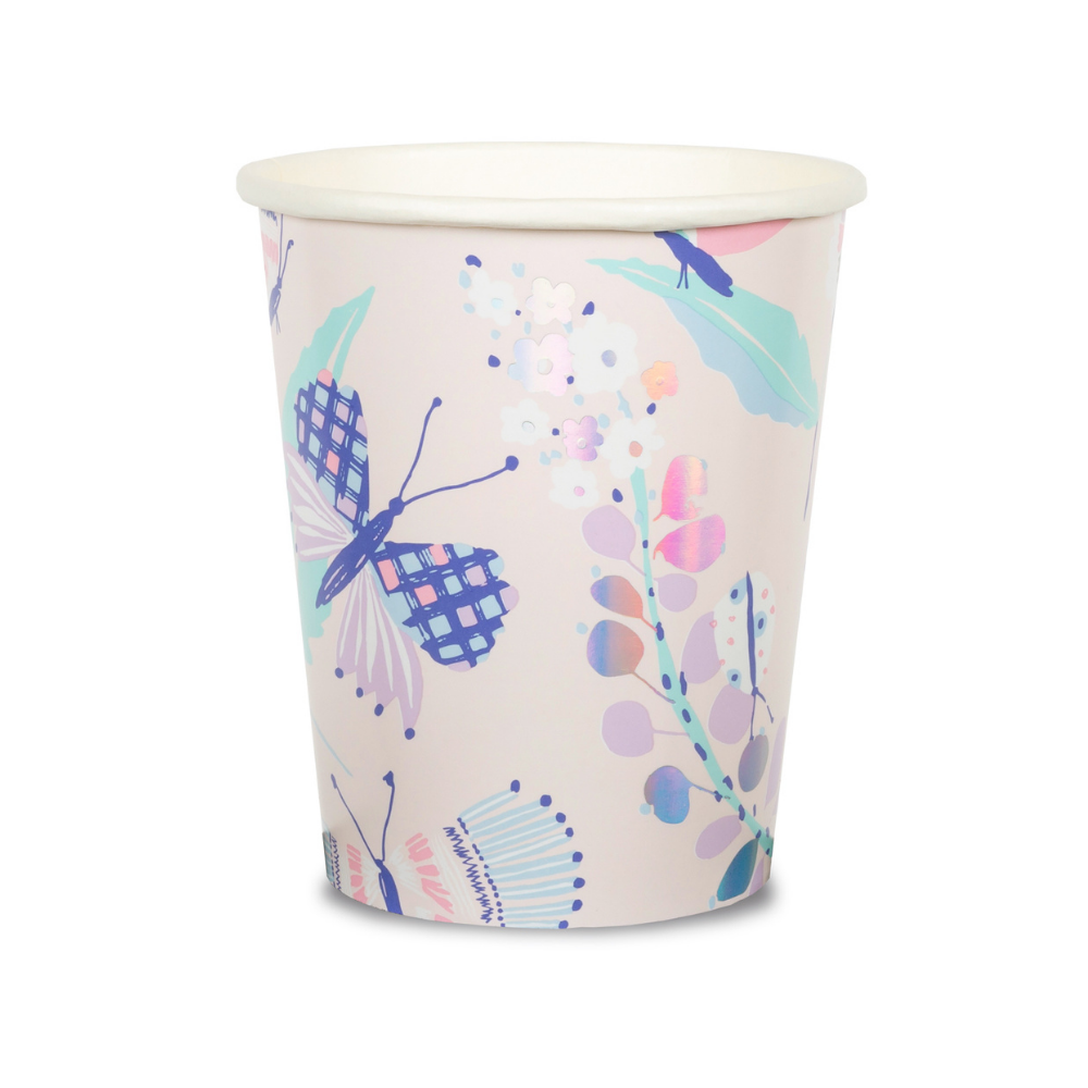 beautiful butterfly and floral print nine ounce paper cups featuring a pastel pallet including aqua, lavender, mint , pink , purple  and highlighted with silver holographic details.