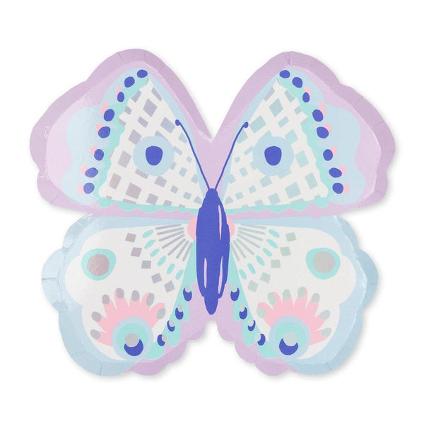 Flutter plate cut into the shape of a butterfly in a beautiful pastel color pallet including aqua, lavender , white, soft pink, purple and highlighted with silver holographic foil