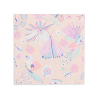 Beautiful butterfly print paper napkins in a pastel pallet of colors including pinks, lavender, periwinkle and purple in a pack of sixteen large napkins