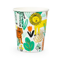 safari jungle print paper party cups featuring lion tiger zebra snake and jungle foliage highlighted with gold foil details