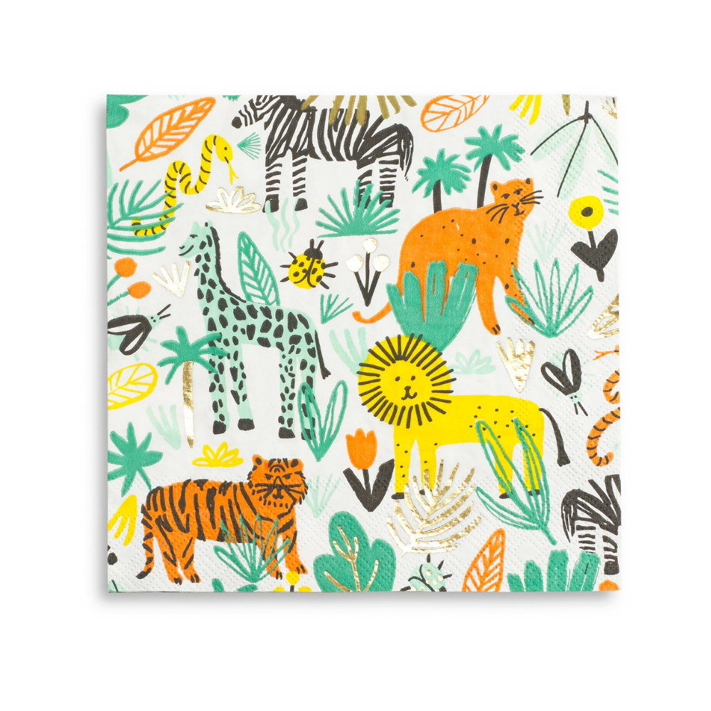 bright colored printed safari jungle paper party napkins large size includes giraffe lion tiger snake and gold foil details