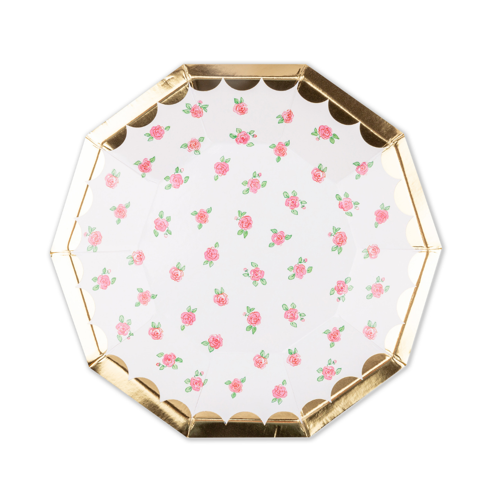 Lola Dutch desert plate. White plate with a printed pattern of small bright pink rosettes, green leaves printed pattern and shiny gold foil border .  Disposable paper party plates.
