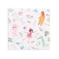 paper napkins featuring a whimsical illustration of Lola and friends including a geese, bear, pig and alligator with lots of favorite tea party icon illlustrations.