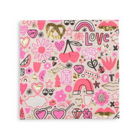 paper napkins in bright cheery shades of pink ranging from hot pink to soft pastel pink with whimsical icon illustrations by Jordan Sondler including  flowers, lips, hearts, rainbows, pretzels, dice  and xo's. 