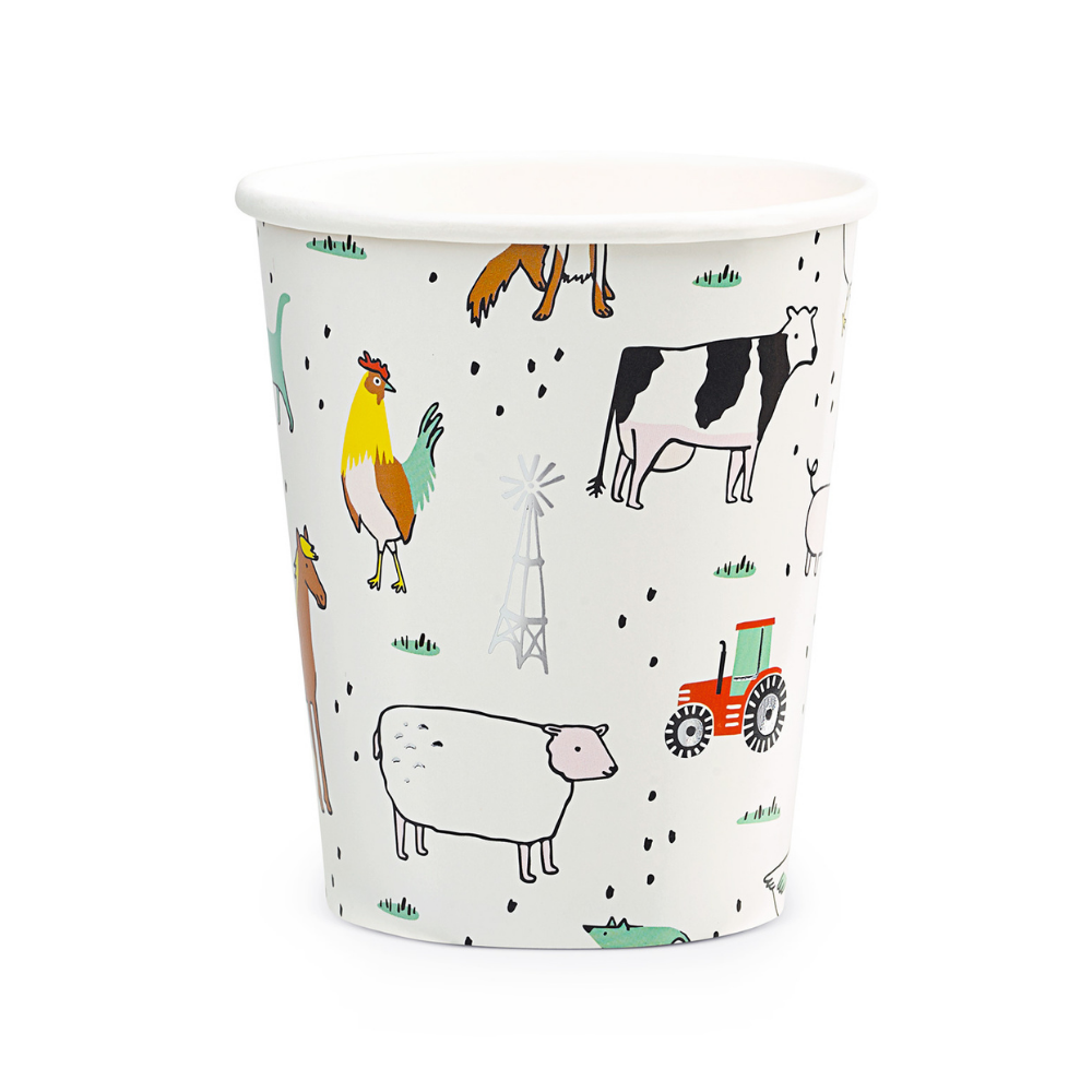 farm animal theme paper party cup featuring adorable farm print illustrated by Lindsey Balbiere includes cat, dog, cows, chicken, geese, horse, rooster, mouse, red tractor and a smiling sun. print is highlighted with shiny gold foil details  