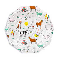 paper party plate with a charming farm animal print illustrated by Lindsey Balbierz  for the Daydream Society brand design includes a chicken, cow, geese, pig, rooster, cat , dog and a red tractor