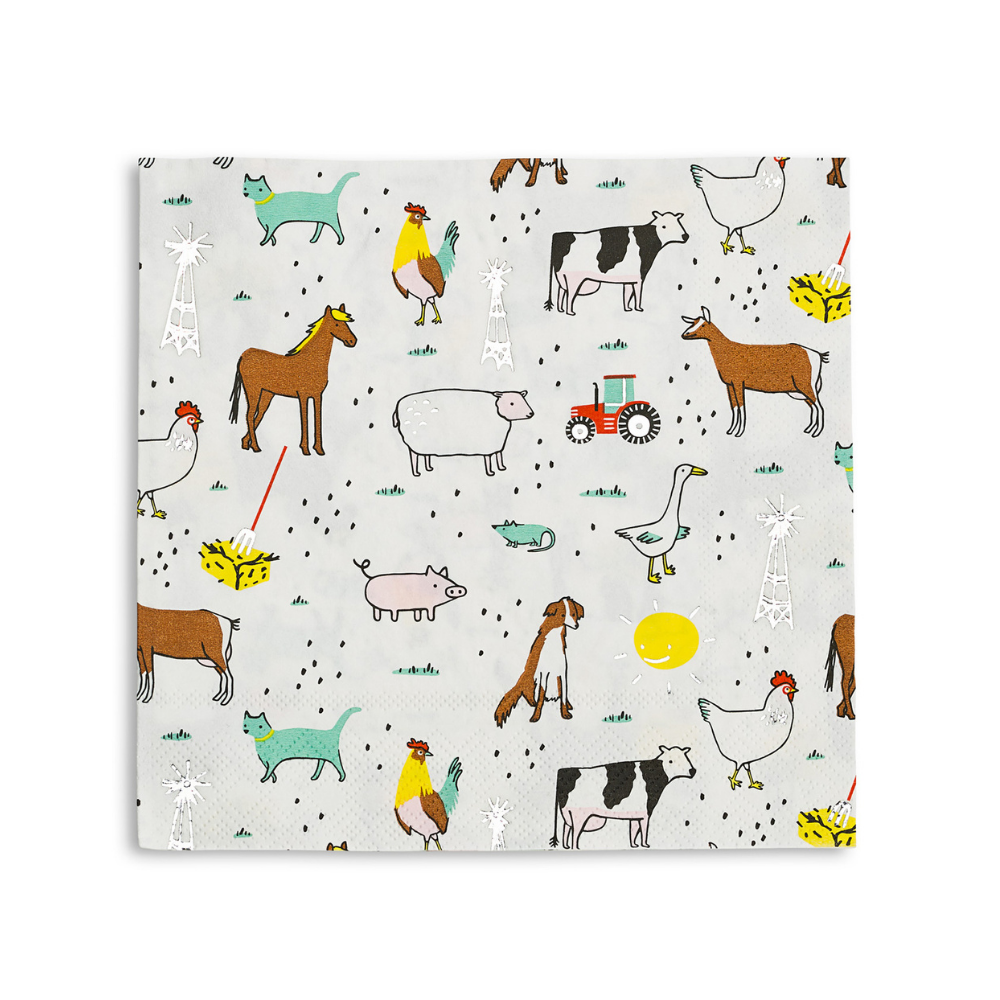 farm animal print large paper party napkins includes cat, dog, chicken, cow, geese, horse, mouse, sheep, rooster , tractor and a smiley sunshine.