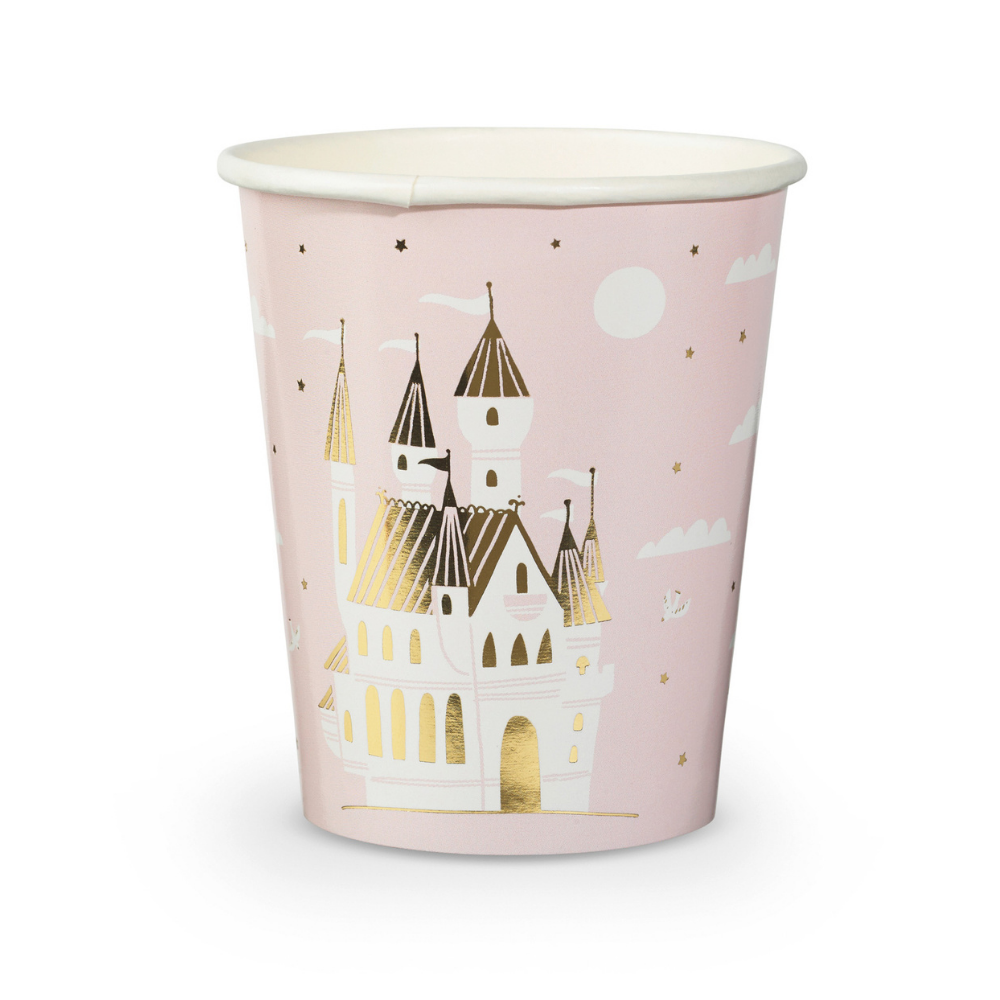 Sweet Princess paper party cups featuring a magical castle. Beautiful soft pink cups with  white fluffy clouds surrounding a large white castle with shiny gold foil details 