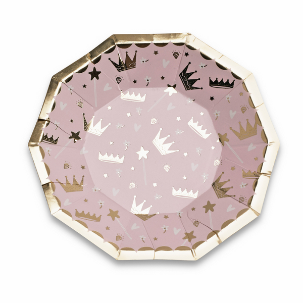sweet princess dessert plates in blush pink and white paired with shiny gold foil-pressed elements including crowns, wands, diamonds and full border of plate.