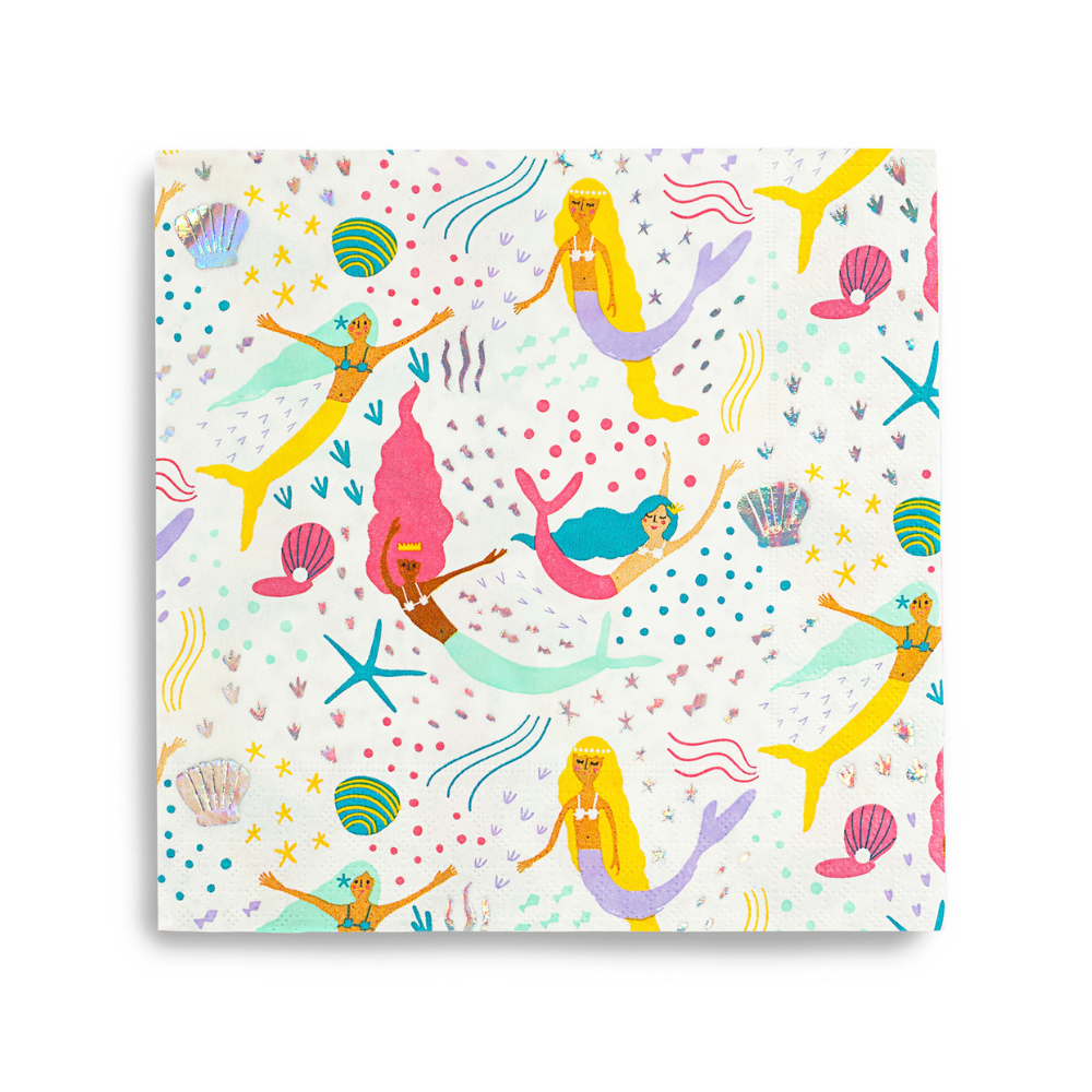 Beautifully illustrated mermaid print napkins in a combination of bright colors and highlighted with silver holographic foil . Pack of sixteen paper napkins