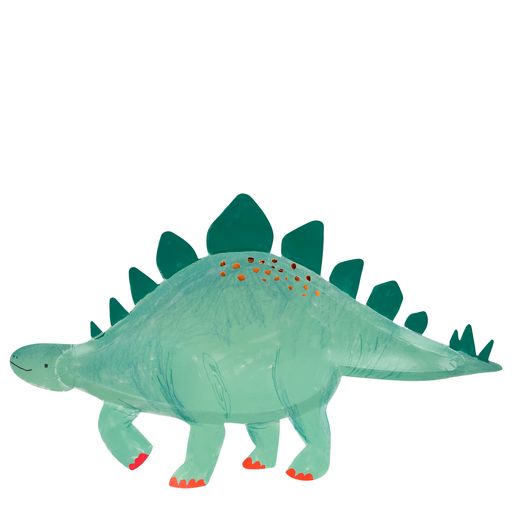 Bright and colorful in shades of green  this Stegosaurus platter is great for serving or to display party appetizers, snacks or deserts. This sensational dinosaur platter has highlights of copper foil details Pack of four platters