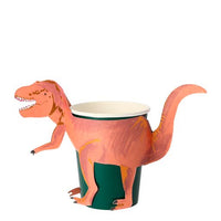 green paper cup with T-Rex dinosaur wrapped around the cup , Die-cut t-rex in a rust color enhanced with shiny copper foil details. suitable for hot & cold drinks