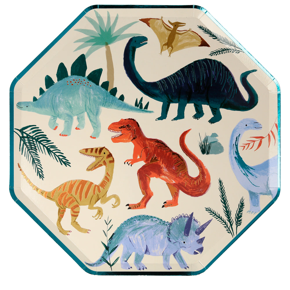 Dinosaur kingdom dinner plates with brilliant dinosaur illustrations and enhanced with copper and green foil d details for a shimmering effect. Pack of 8 large plates 10.25 inches in diameter. Made of sustainable FSC paper. 