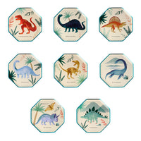 Pack of eight small party plates featuring eight dinosaurs, highlighted with copper and green foil details.