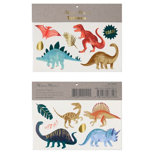 Dinosaur Kingdom temporary tattoos, a pack with 8 dinosaurs, 2 shiny gold dino eggs, 1 roar and three leaves. Perfect for a party activity or a party favor .