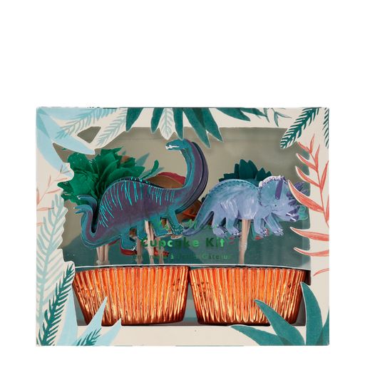 24 dinosaur themed cupcake toppers in six designs, five dinosaurs and  one palm tree designs. dinosaurs enhanced with green and copper foil details. Copper foil cupcake cases.