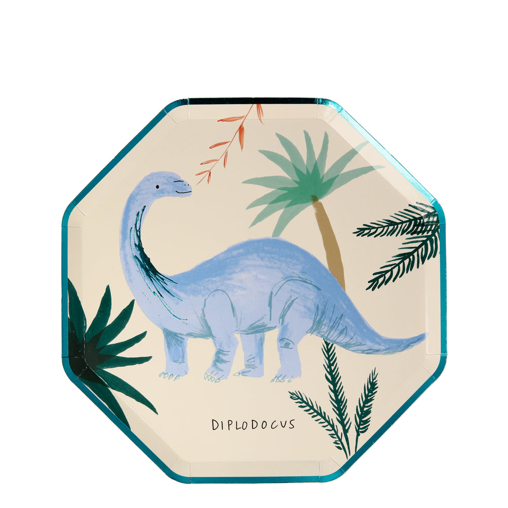 Diplodocus dinosaur plates in a pack of eight featuring eight different dinosaur designs. Border features green metallic foil detail.