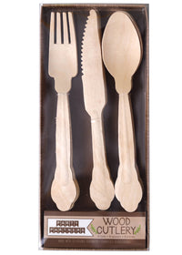 Wood cutlery with fancy ornate shaped handles in a set of twenty-four pieces, eight of each including forks, knives and spoons. One hundred percent biodegradable and sustainable.