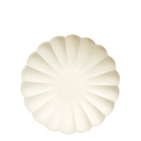 cream eco plates are made from all natural materials - pulp from bamboo, wood fiber and sugarcane and colored using water-based ink dyes. They are molded into an elegant curved shape, with a scalloped edge.