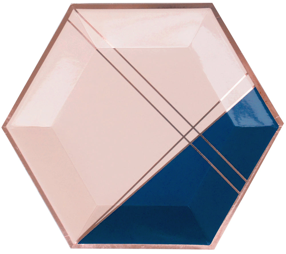 Premium paper plates by Harlow and Grey featuring pale pink, navy, rose gold foil hexagon shaped are perfect for any special event
