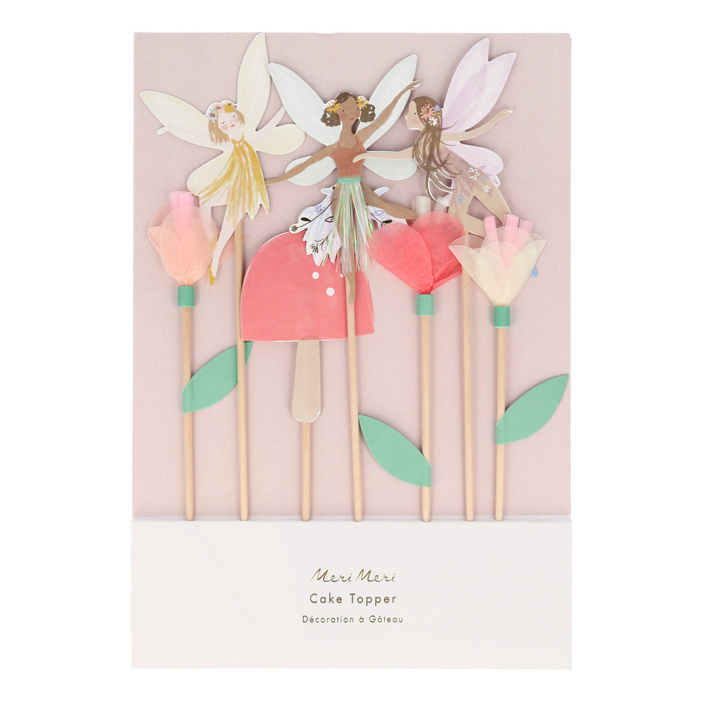 premium baking supplies, these beautiful fairy themed cake toppers include fairies and toadstool made of  paper card-stock and tissue paper flowers. Perfect for fairy and princess themed parties in a set of 7 toppers