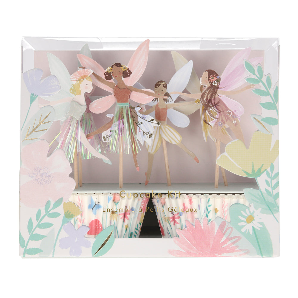 cupcake kit features six beautifully illustrated fairies, with lots of gold foil detail, and coordinating cupcake cases.  The kit includes 24 toppers, in 6 designs with 4 of each The 24 cupcake cases feature a pretty floral design