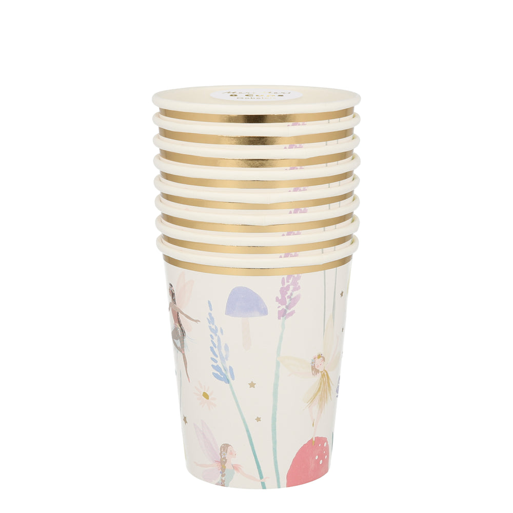 Paper party cups with a beautifully illustrated fairy print with gold foil details and border trim, available in a pack of eight cups for use with both hot and cold beverages. Sold in a package of eight paper cups.