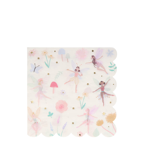 Napkins featuring a whimsical print including beautiful fairies, toadstool, butterflies and flowers in a pack of 16 large napkins