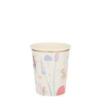 Paper party cups with a beautifully illustrated  fairy print  with gold foil details and border trim, available in a pack of eight cups for use with both hot and cold beverages