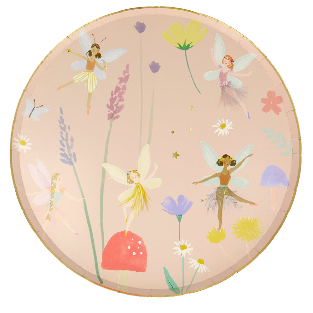 These delightful plates are perfect for a magical fairy party. They feature five pretty fairies flying amongst flowers, butterfly and funghi.  Enhanced with a gold foil border and details for a shimmering touch.  Sold in a pack of eight plates and are ten and one half inches in diameter.