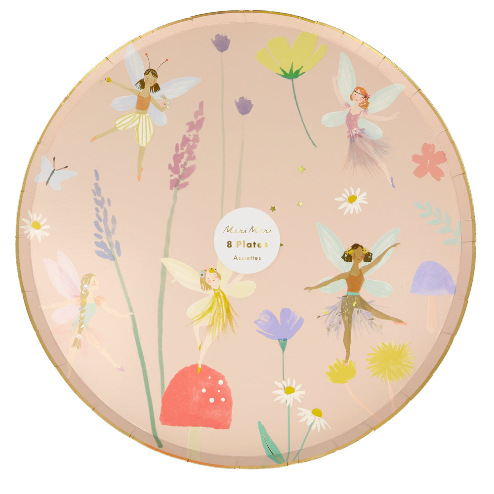 This pack of paper party plates feature five pretty fairies flying amongst flowers, butterfly and funghi. Enhanced with a gold foil border and details for a shimmering touch. Sold in a pack of eight plates and are ten and one half inches in diameter.