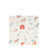 farmyard print paper party napkins featuring lots of animals and farm themed icons including a barn, tractor, carrots, corn, dog, rooster, horse, duck cow, goat and more. Large lunch sized napkins sold in a pack of twenty napkins