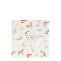 farmyard themed print paper party & lunch napkins in a pack of twenty pieces. Featuring barn, wheel barrel, cow, duck, horse, tractor and more.