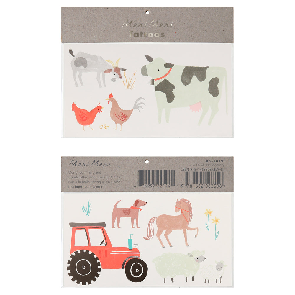 farm animal temporary tattoos includes pack of two sheets featuring a dog, horse, sheep, goat, rooster, chicken , cow and a bright red tractor.