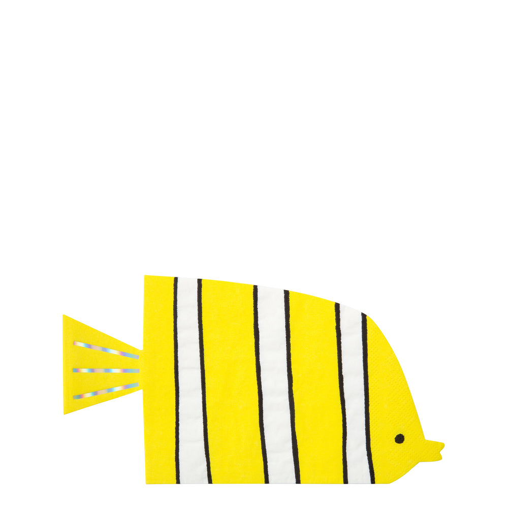 party napkins shaped in the shape of a fish with yellow with white and thin black stripes and iridescent foil detail stripes on tail