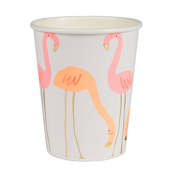neon pink and coral flamingos printed on paper party cups and enhanced with shiny gold detail embellishments on beak and long legs.