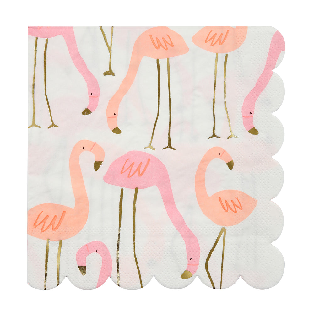 Pink and coral flamingo print napkins with gold foil highlights, scalloped edge in a pack of sixteen large napkins