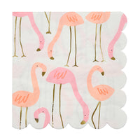 Pink and coral flamingo print napkins with gold foil highlights, scalloped edge in a pack of sixteen large napkins