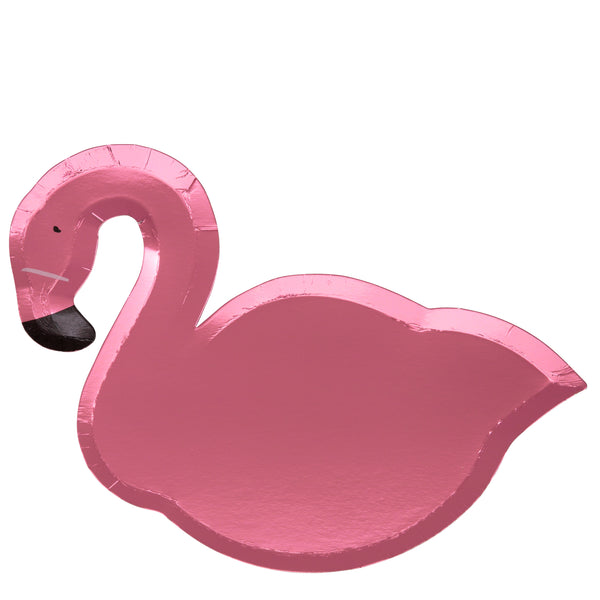 die-cut into the shape of a flamingo and finished with shiny metallic pink on both sides of the plate