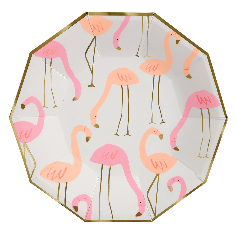 Pink and coral flamingo print party plates with legs, beak and border highlighted in shiny gold foil . Large size nine inch diameter