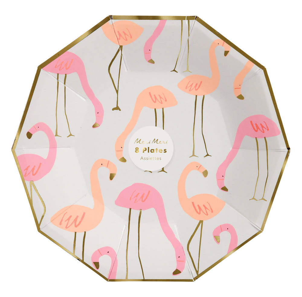 Pink and coral flamingo print party plates with legs, beak and border highlighted in shiny gold foil . Package of eight nine inch diameter plates