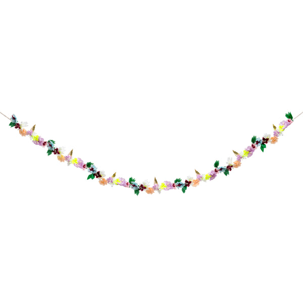 beautiful floral garland made from an assortment of 78 bright tissue paper flowers and leaves . Eleven and half feet in length 