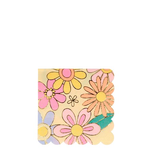 flower power print napkins in desert and beverage size. Pack of sixteen napkins. Bright floral print with shiny gold foil details.