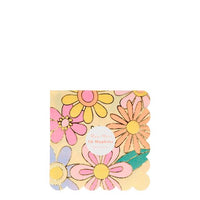 flower power 60's print inspired napkins in package of sixteen. Bight colors hot pink, neon orange, periwinkle, light pink and yellow 