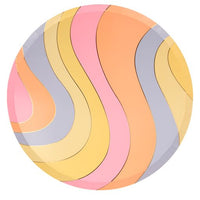 swirl print on plate, pink, orange, lavender, soft yellow, bright yellow and pink