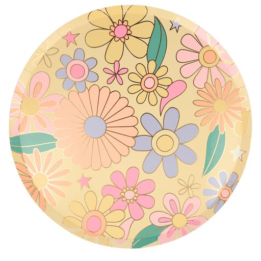 flower power print paper party plate. large plate size