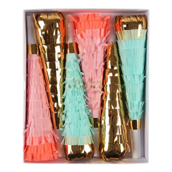 Fringe party horns in a set of six , two of each in coral, mint and shiny gold paper