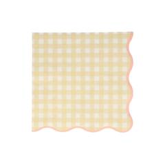 Yellow gingham napkin with a scallop border and a thin pink printed border.