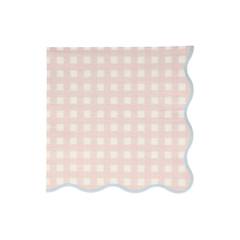 pink gingham paper napkin with a scalloped border trimmed in a thin blue line. 