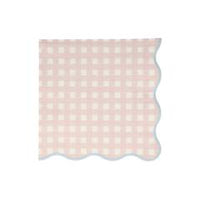 pink gingham paper napkin with a scalloped border trimmed in a thin blue line. 